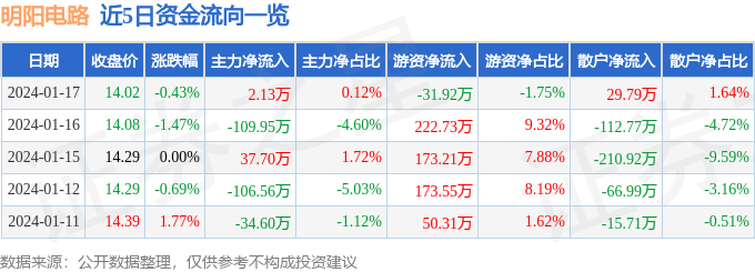 亿博体育官网入口app明阳电路（300739）1月17日主力资金净买入213万元(图1)